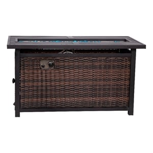 Pemberly Row Outdoor 50000 BTU Fire Table with Steel Top & Wicker Base in Black