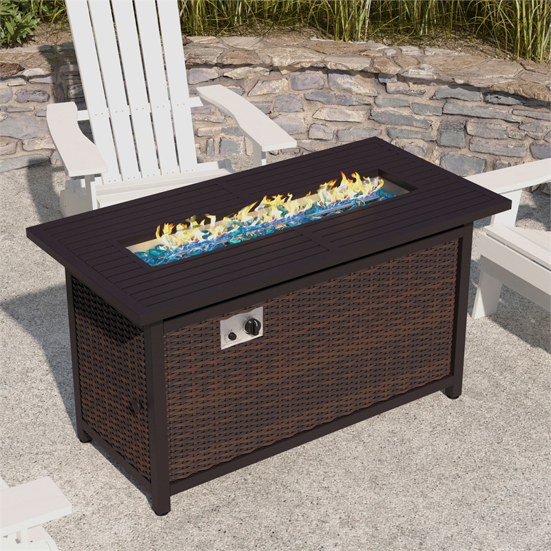 Pemberly Row Outdoor 50000 BTU Fire Table with Steel Top & Wicker Base in Black