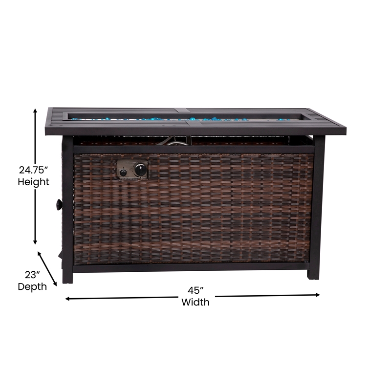 Pemberly Row Outdoor 50000 BTU Fire Table with Steel Top & Wicker Base in Black