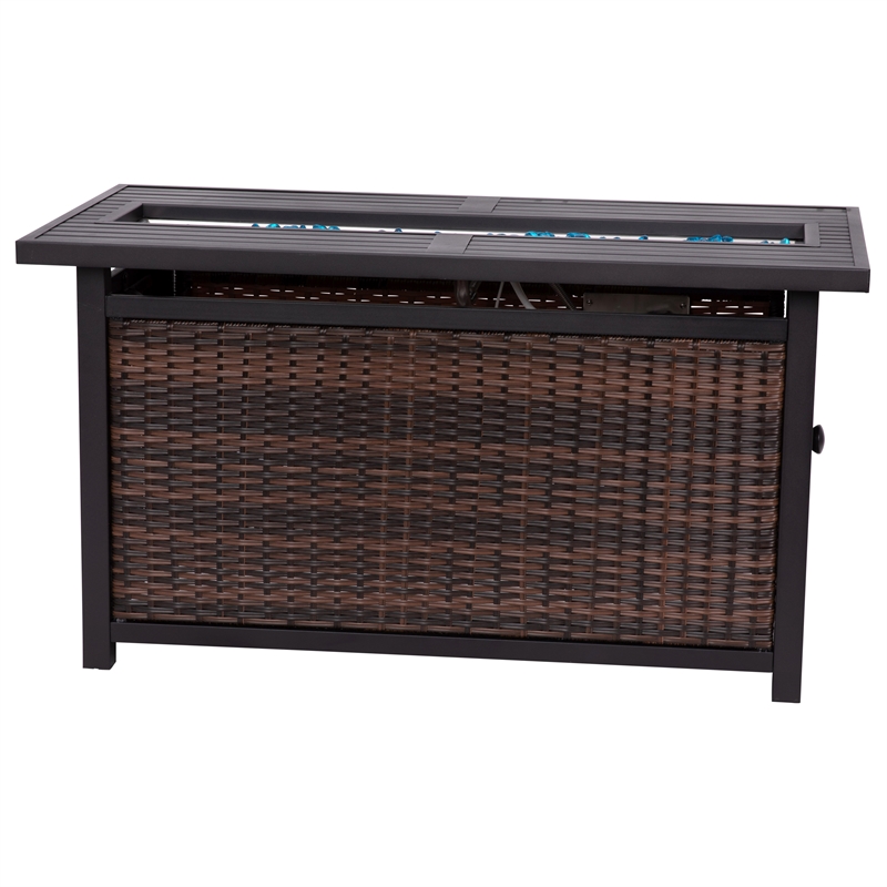 Pemberly Row Outdoor 50000 BTU Fire Table with Steel Top & Wicker Base in Black