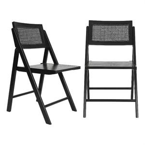 Pemberly Row 2-Pack Cane Rattan Folding Chairs with Wood Backs & Seats in Black