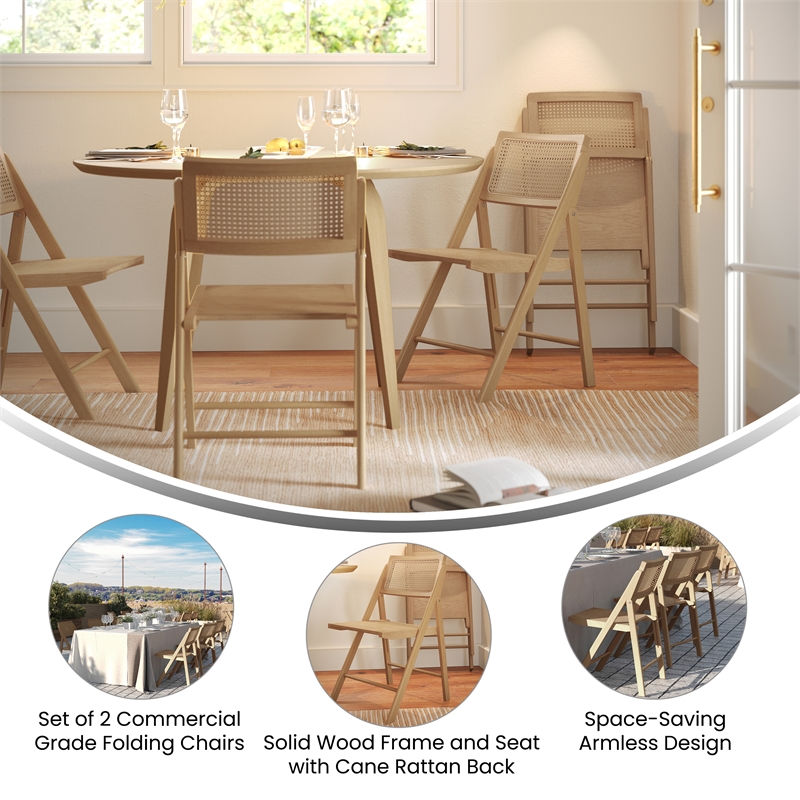 Pemberly Row 2-Pack Cane Rattan Folding Chairs with Wood Backs & Seats - Natural