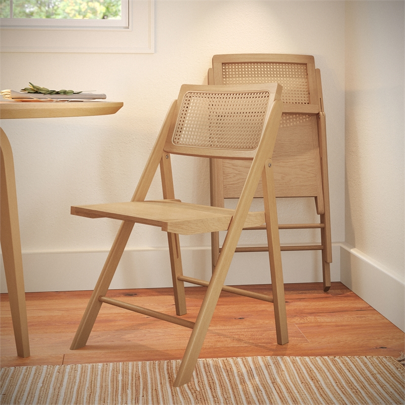 Pemberly Row 2-Pack Cane Rattan Folding Chairs with Wood Backs & Seats - Natural
