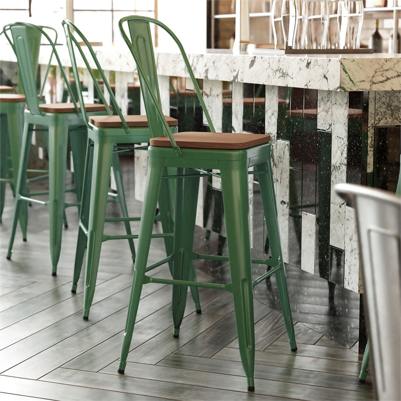 Pemberly Row All-Weather Bar Stool with Removable Back & Poly Seat in Green/Teak