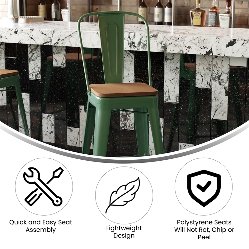 Pemberly Row All-Weather Bar Stool with Removable Back & Poly Seat in Green/Teak