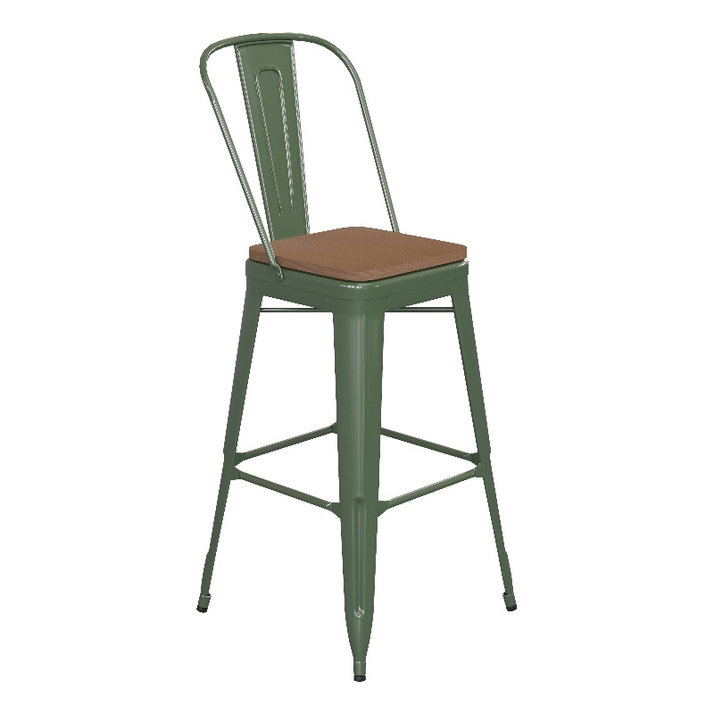 Pemberly Row All-Weather Bar Stool with Removable Back & Poly Seat in Green/Teak