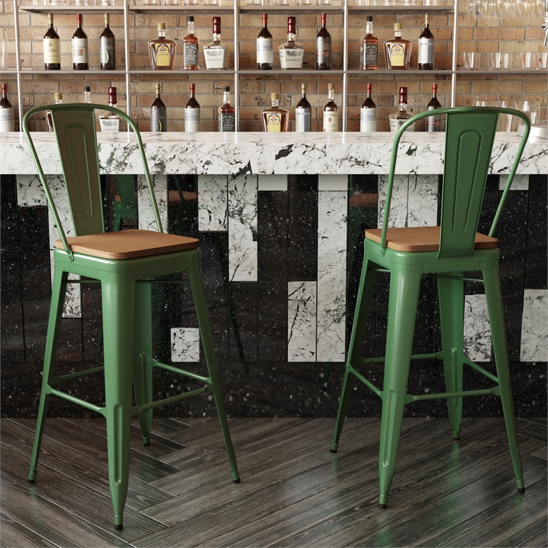 Pemberly Row All-Weather Bar Stool with Removable Back & Poly Seat in Green/Teak