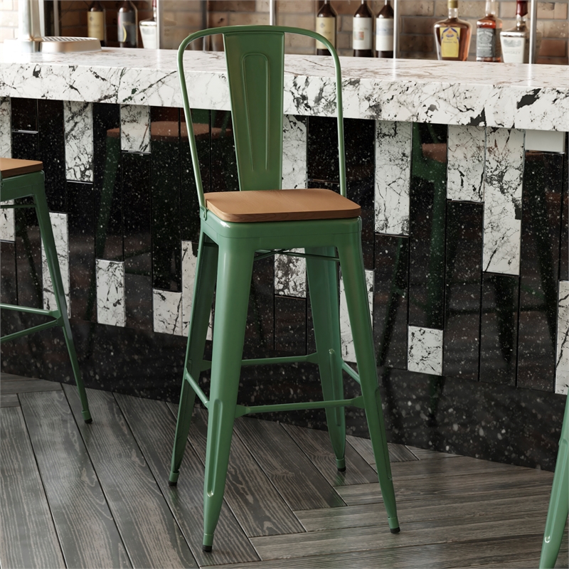 Pemberly Row All-Weather Bar Stool with Removable Back & Poly Seat in Green/Teak