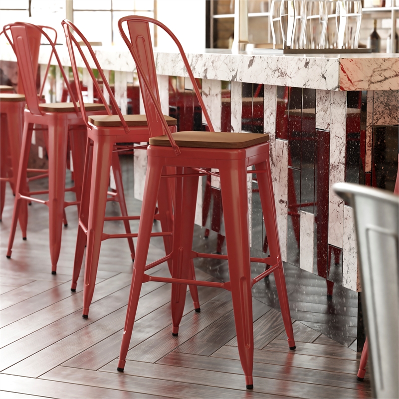Pemberly Row All-Weather Bar Stool with Removable Back and Poly Seat in Red/Teak