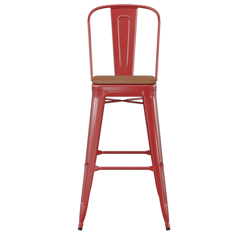 Pemberly Row All-Weather Bar Stool with Removable Back and Poly Seat in Red/Teak