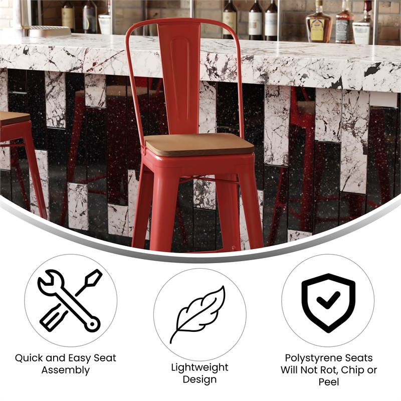 Pemberly Row All-Weather Bar Stool with Removable Back and Poly Seat in Red/Teak