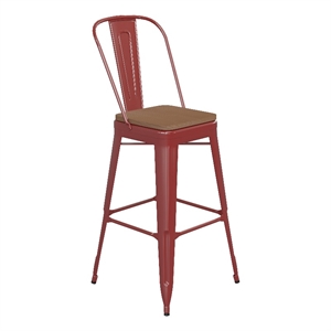 Pemberly Row All-Weather Bar Stool with Removable Back and Poly Seat in Red/Teak