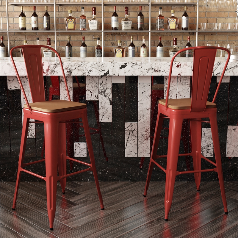 Pemberly Row All-Weather Bar Stool with Removable Back and Poly Seat in Red/Teak