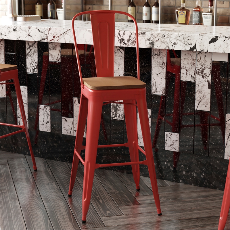 Pemberly Row All-Weather Bar Stool with Removable Back and Poly Seat in Red/Teak