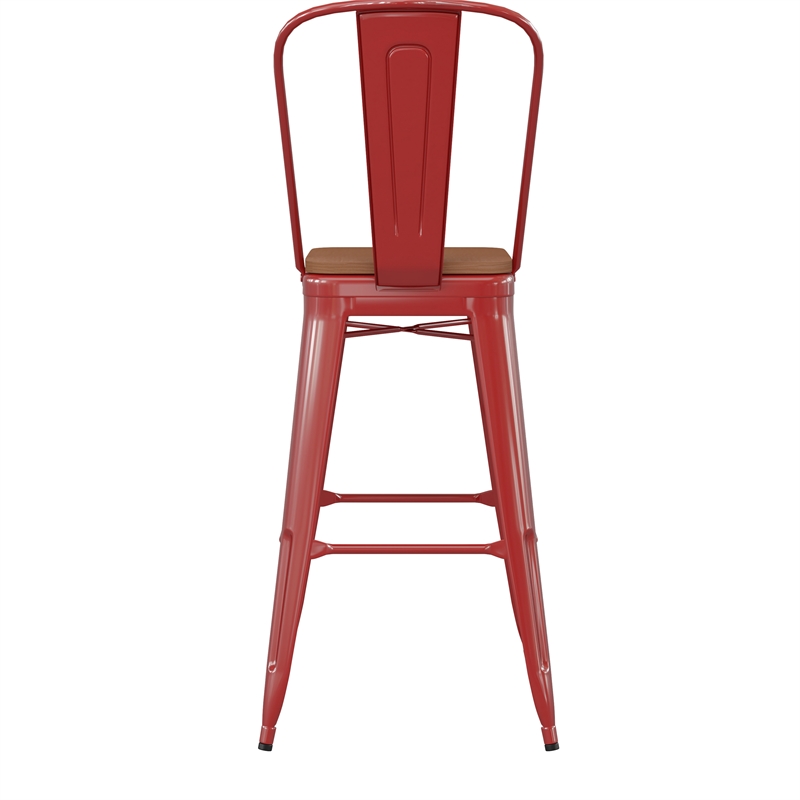 Pemberly Row All-Weather Bar Stool with Removable Back and Poly Seat in Red/Teak
