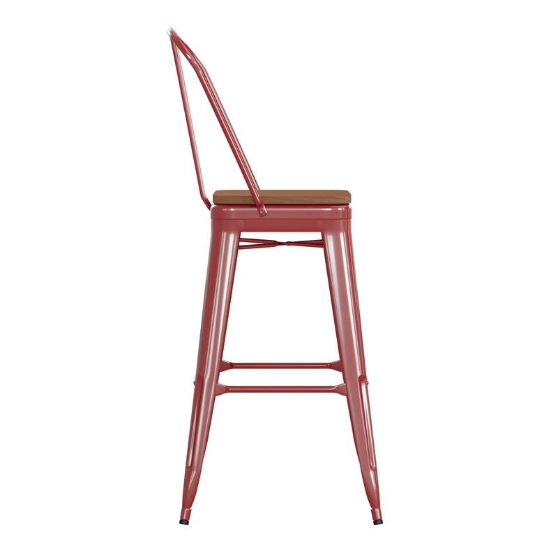 Pemberly Row All-Weather Bar Stool with Removable Back and Poly Seat in Red/Teak