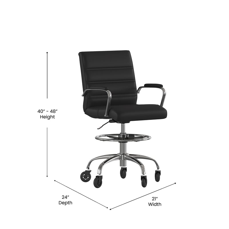 Pemberly Row Drafting Chair with Roller Wheels and Adjustable Foot Ring in Black