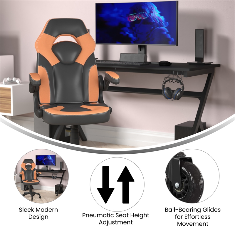 Pemberly Row Office Gaming Chair with Skater Wheels and Flip Up Arms in Orange
