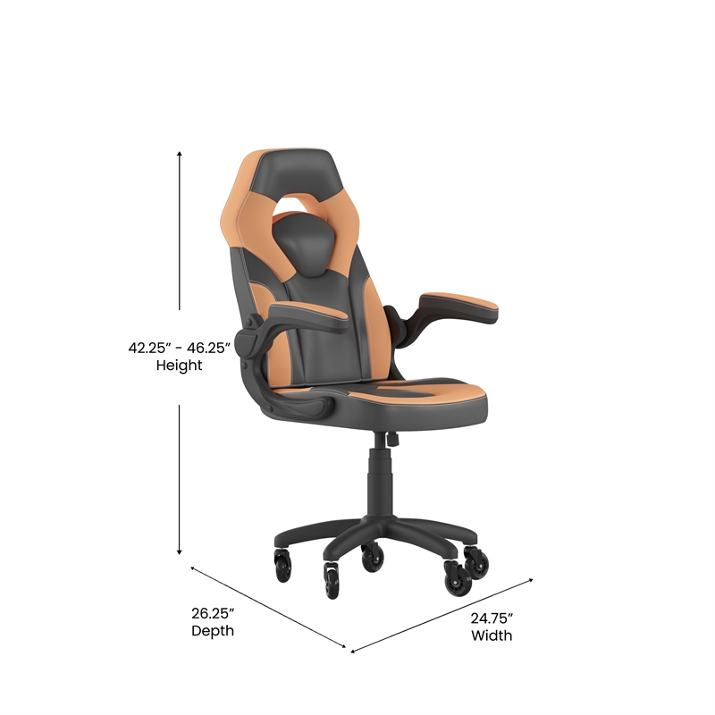 Pemberly Row Office Gaming Chair with Skater Wheels and Flip Up Arms in Orange