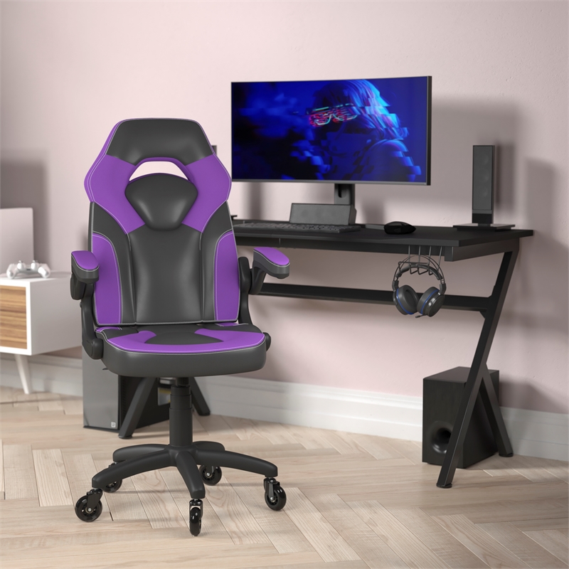 Pemberly Row Office Gaming Chair with Skater Wheels and Flip Up Arms in Purple