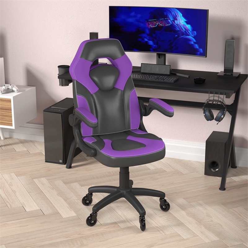 Pemberly Row Office Gaming Chair with Skater Wheels and Flip Up Arms in Purple