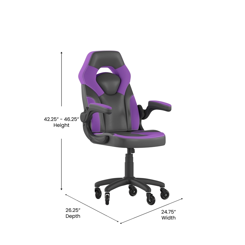Pemberly Row Office Gaming Chair with Skater Wheels and Flip Up Arms in Purple