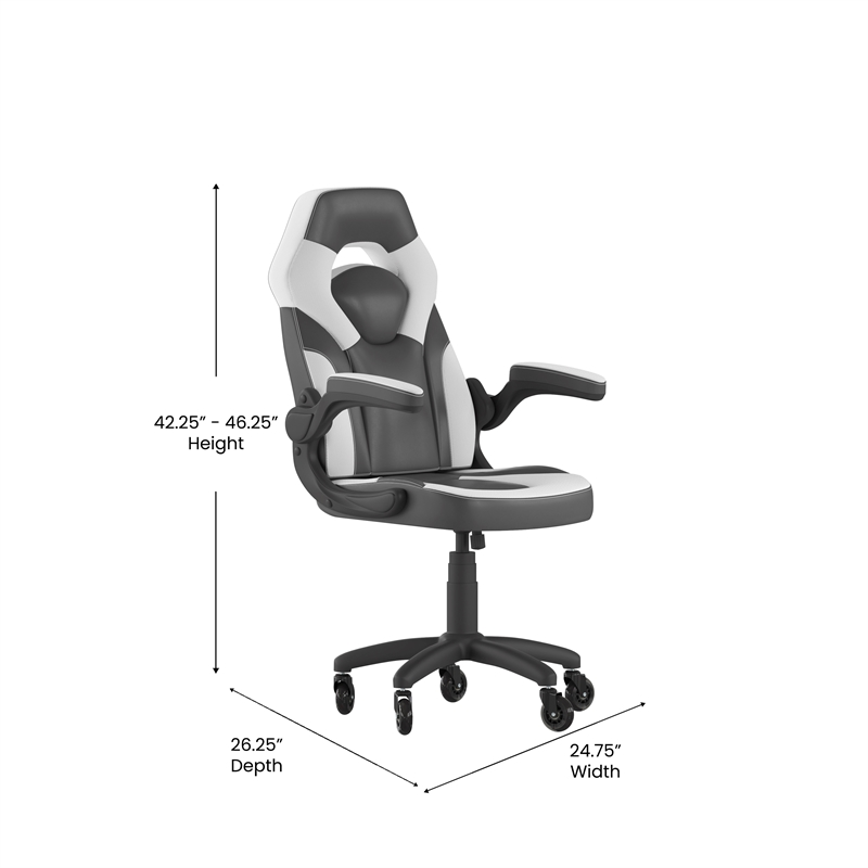 Pemberly Row Office Gaming Chair with Skater Wheels and Flip Up Arms in White