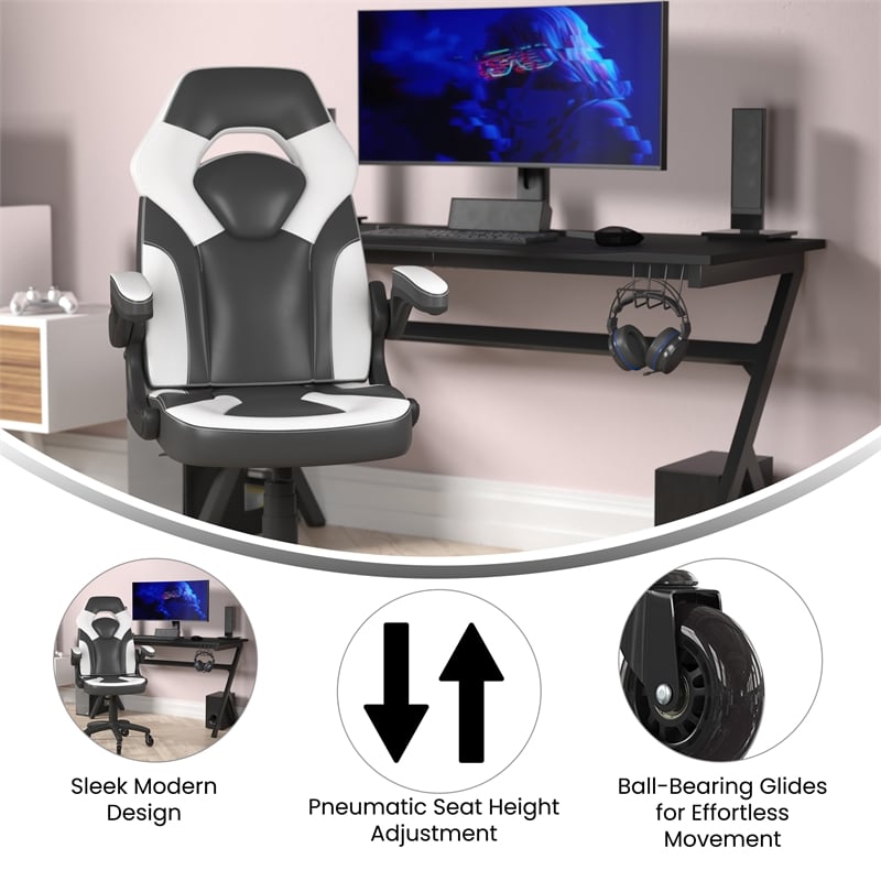 Pemberly Row Office Gaming Chair with Skater Wheels and Flip Up Arms in White