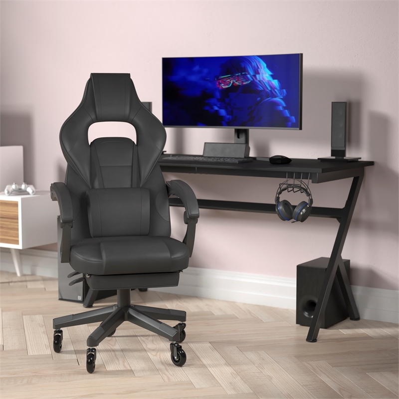 Pemberly Row Office Gaming Chair with Skater Wheels and Reclining Arms in Black