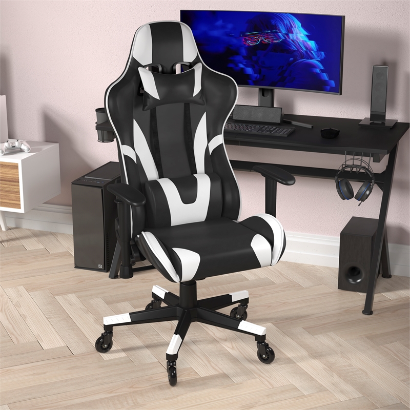 Pemberly Row Office Gaming Chair with Roller Wheels and Reclining Back in Black