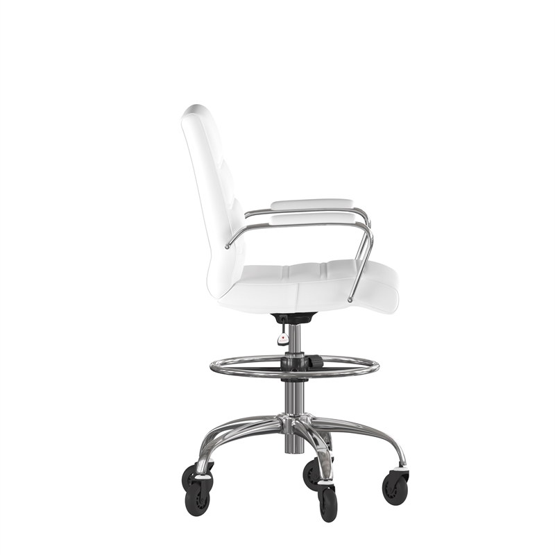 Pemberly Row Drafting Chair with Roller Wheels and Adjustable Foot Ring in White