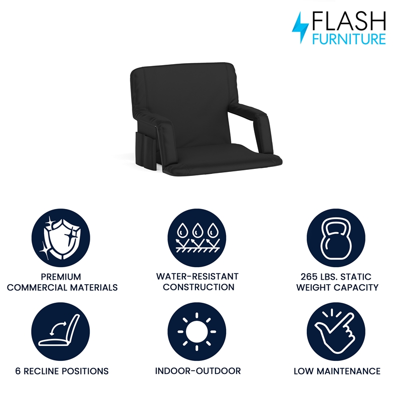 Pemberly Row Extra Wide Reclining Backpack Stadium Chair with Armrests in Black