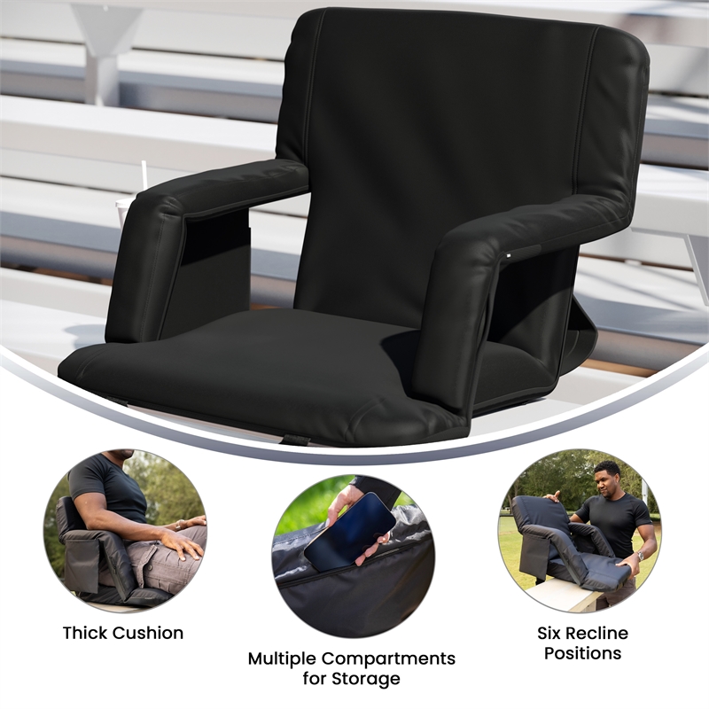 Pemberly Row Extra Wide Reclining Backpack Stadium Chair with Armrests in Black