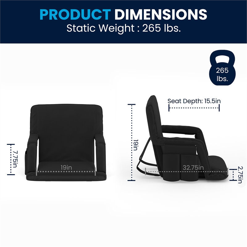 Pemberly Row Extra Wide Reclining Backpack Stadium Chair with Armrests in Black