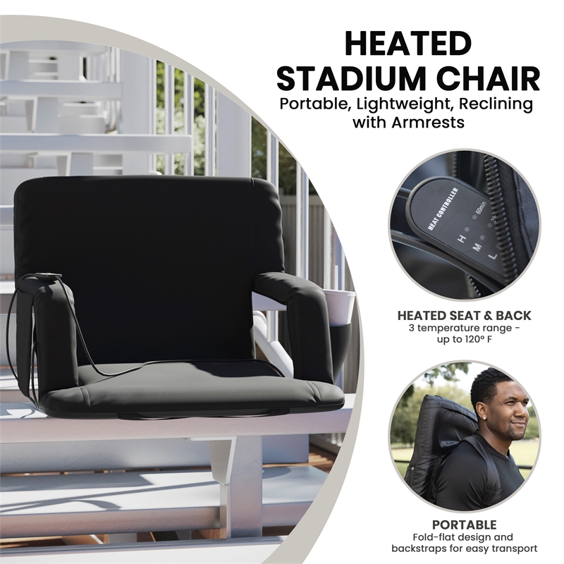 Pemberly Row Extra Wide Foldable Reclining Heated Stadium Chair with Straps