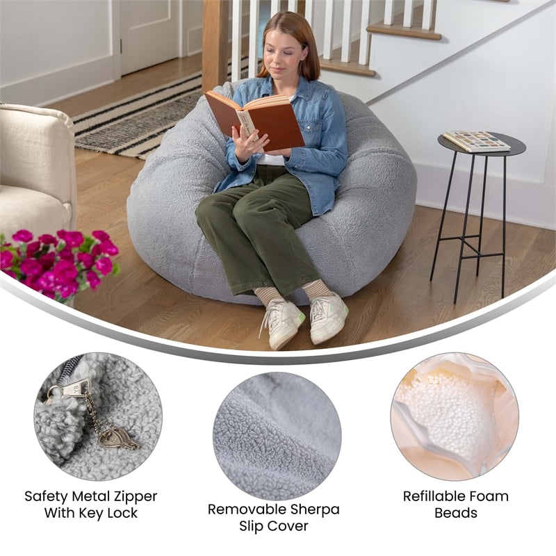 Pemberly Row Large Faux Sherpa Refillable Bean Bag Chair for Kids & Teens - Gray