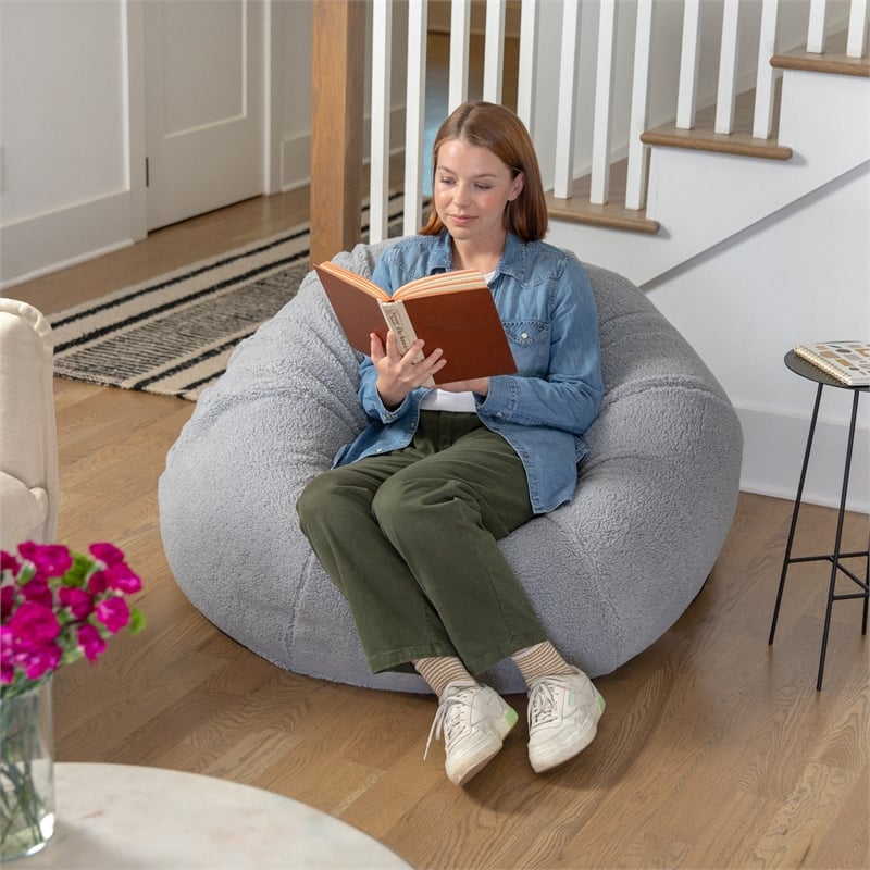 Pemberly Row Large Faux Sherpa Refillable Bean Bag Chair for Kids & Teens - Gray