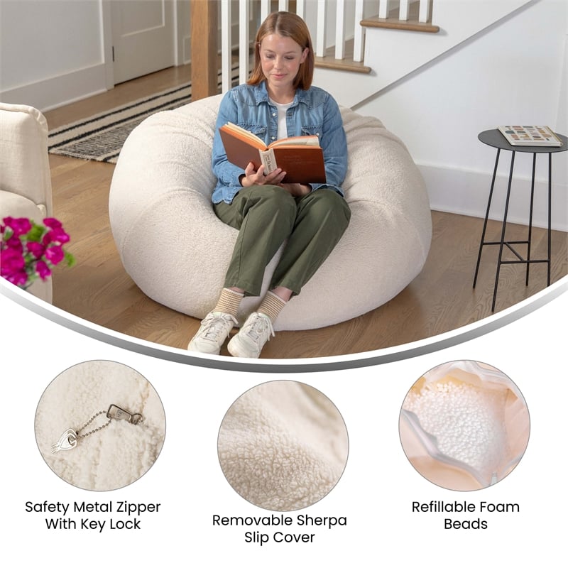 Pemberly Row Large Faux Sherpa Refillable Bean Bag Chair for Kids and Teens