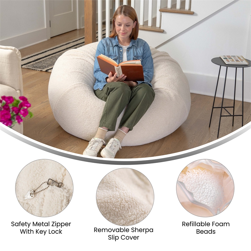 Pemberly Row Large Faux Sherpa Refillable Bean Bag Chair for Kids and Teens