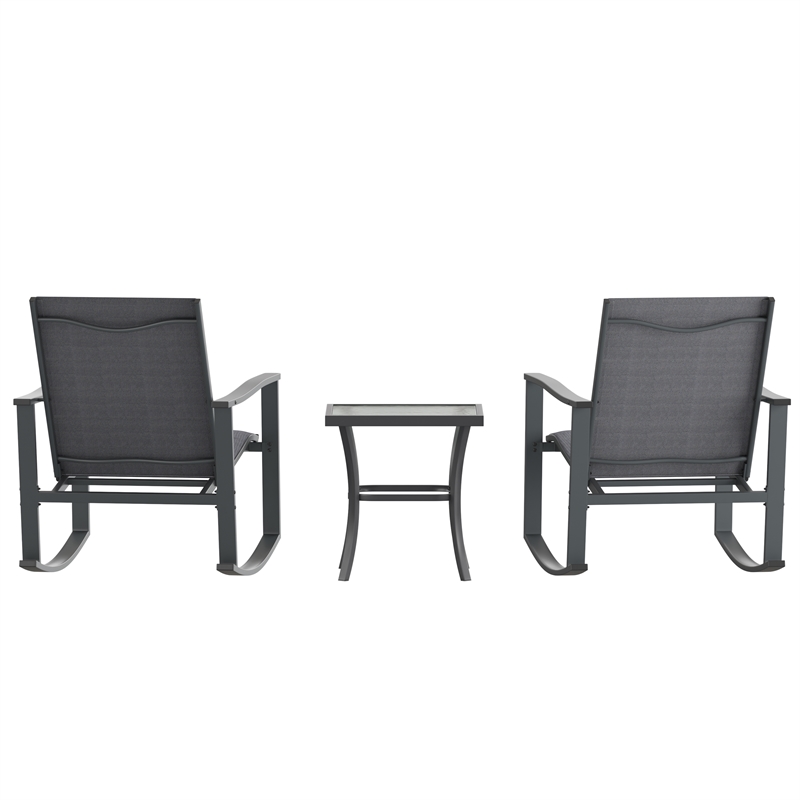 Pemberly Row 3 Piece Rocking Chairs & Glass Top Table Bistro Set in Black