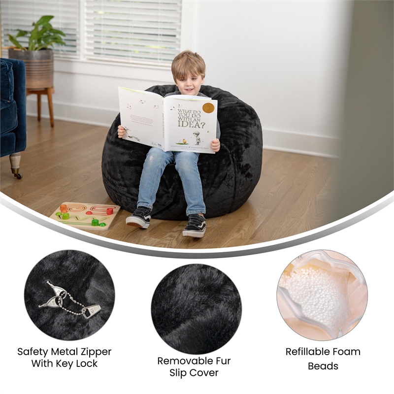 Pemberly Row Small Black Furry Refillable Bean Bag Chair for Kids and Teens