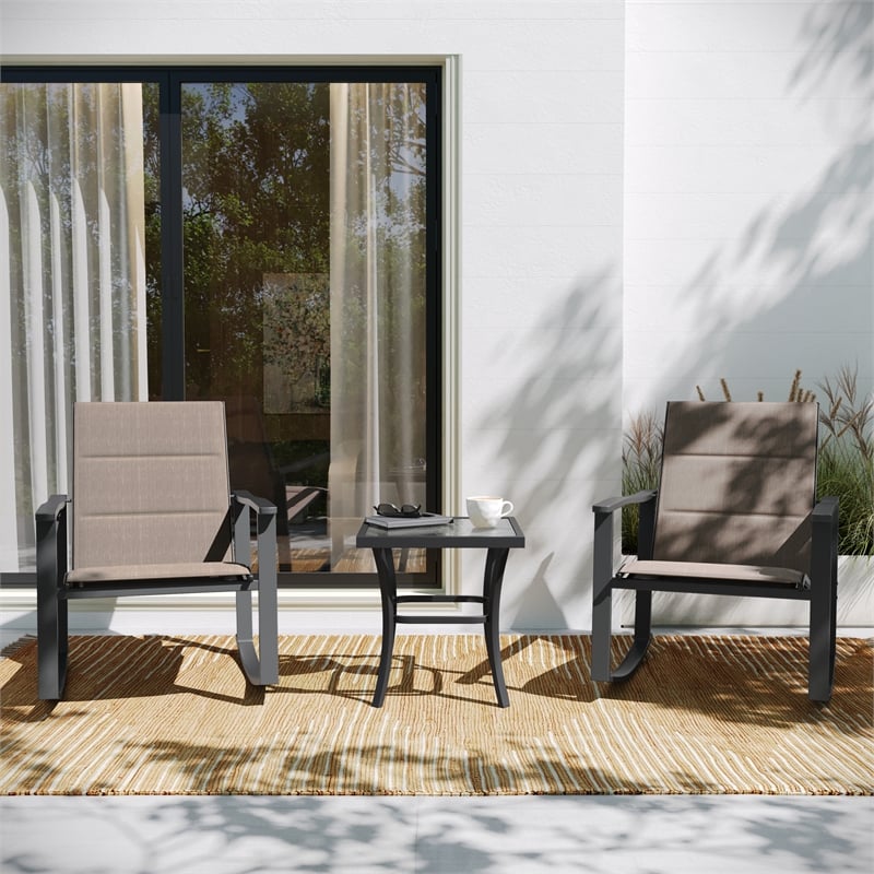 Pemberly Row 3 Piece Rocking Chairs & Glass Top Table Set in Brown/Black