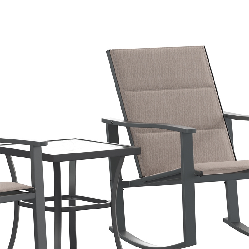 Pemberly Row 3 Piece Rocking Chairs & Glass Top Table Set in Brown/Black