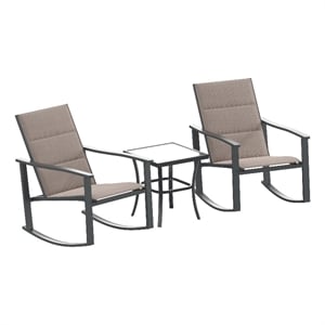 Pemberly Row 3 Piece Rocking Chairs & Glass Top Table Set in Brown/Black