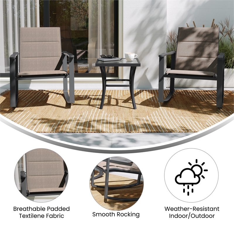 Pemberly Row 3 Piece Rocking Chairs & Glass Top Table Set in Brown/Black
