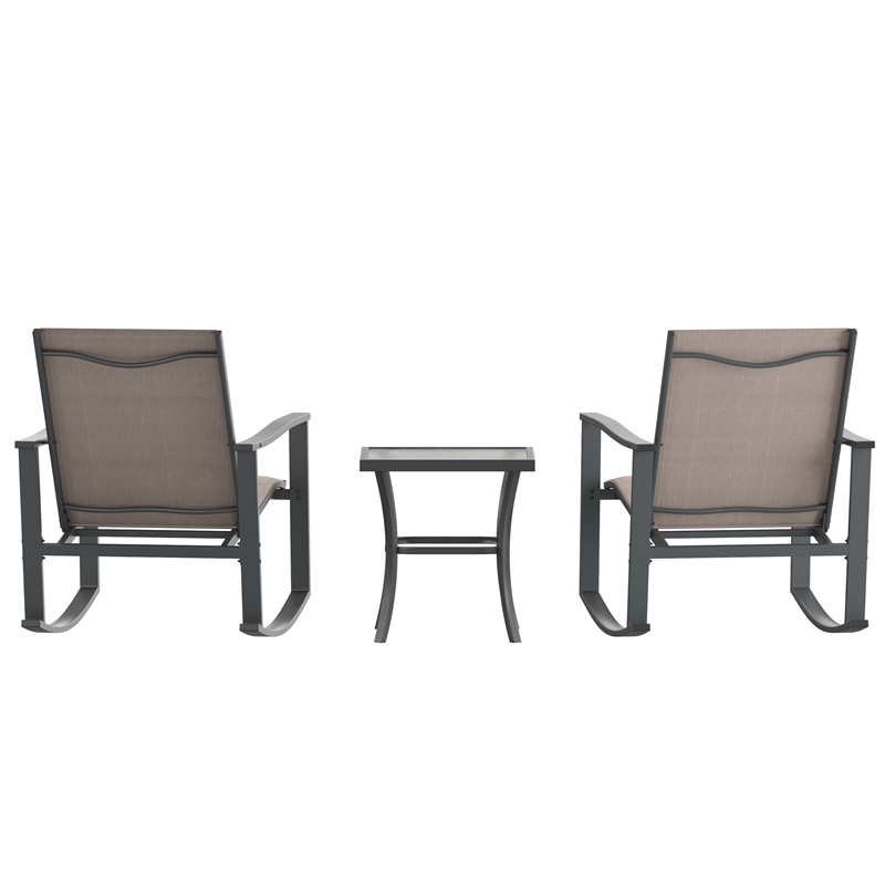 Pemberly Row 3 Piece Rocking Chairs & Glass Top Table Set in Brown/Black