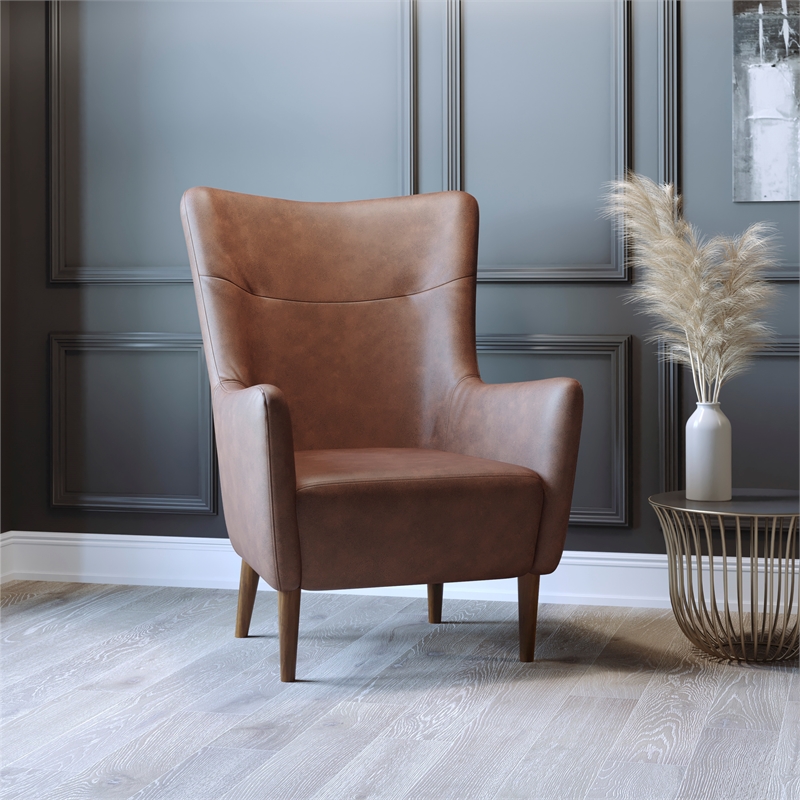 Pemberly Row Wingback Accent Chair with Wooden Legs in Dark Brown Faux Leather