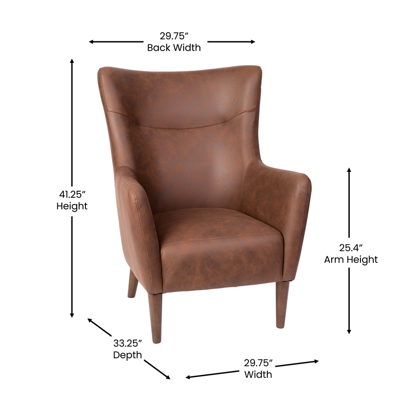 Pemberly Row Wingback Accent Chair with Wooden Legs in Dark Brown Faux Leather