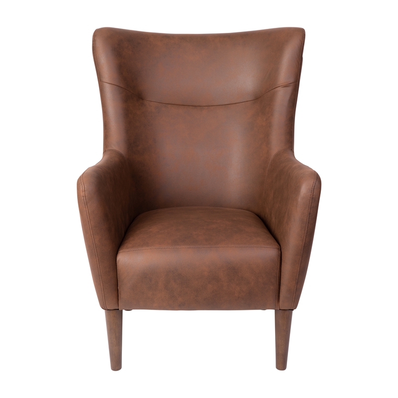 Pemberly Row Wingback Accent Chair with Wooden Legs in Dark Brown Faux Leather