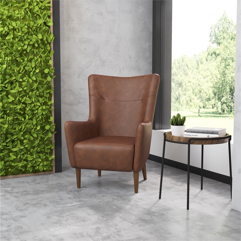Pemberly Row Wingback Accent Chair with Wooden Legs in Dark Brown Faux Leather